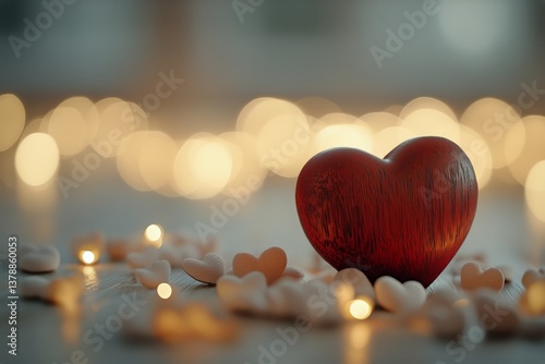 Red Heart Decoration Surrounded by Smaller Hearts on a Wooden Surface With So...