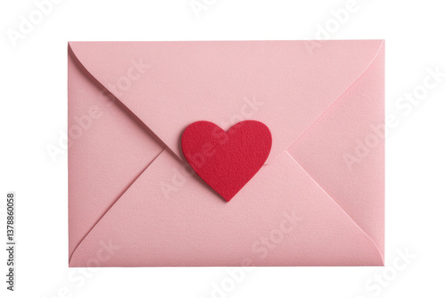 Pink envelope with red heart symbolizing love and affection, cut out