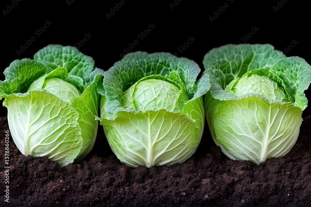 Fototapeta premium Fresh green cabbage crops growing in rich soil, showcasing vibrant leaves and healthy produce.
