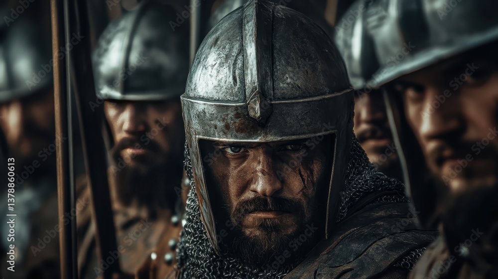 Medieval warriors prepare for battle in a historic reenactment event showcasing armor and swords Medieval warriors prepare for battle in a historic reenactment event showcasing armor and swords