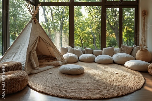 Cozy Indoor Play Area With Teepee and Cushions in a Sunlit Room