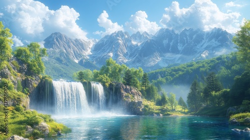 Majestic waterfall surrounded by lush greenery and snow-capped mountains under a clear blue sky