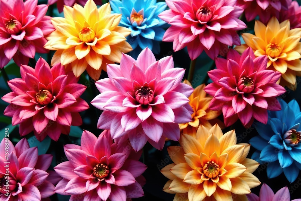 Obraz premium Intricate dahlia blooms in vibrant hues, forming a repeating floral pattern , dahlia pattern, flowers, bloom