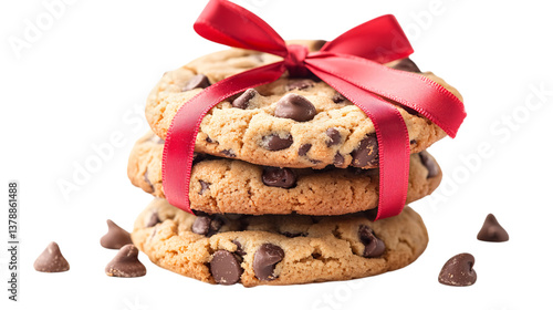 Chocolate chip cookies with red ribbon isolated on white background --ar 16:9