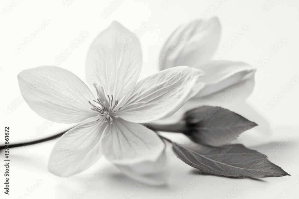 Fototapeta premium A minimalist black and white photograph highlighting a delicate white flower and its leaves, capturing the essence of beauty, simplicity, and natural elegance in its design.