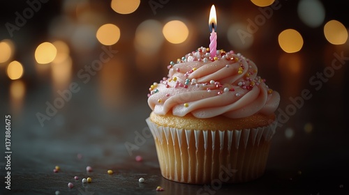 Delicious Cupcake With Pink Frosting and Colorful Sprinkles on Festive Table