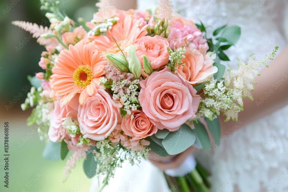 Obraz premium A stunning wedding bouquet featuring peach and pink roses with delicate greenery, exuding romance and elegance, perfect for capturing the essence of love and celebration on a special day.