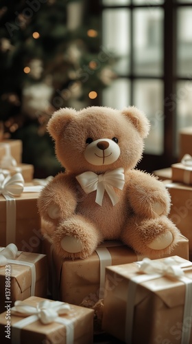 Teddy Bear Surrounded by Wrapped Gifts Near a Window During a Festive Holiday...