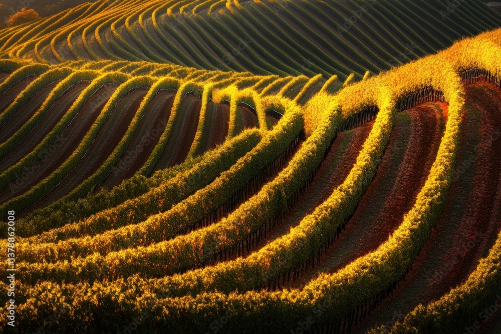 Fototapeta premium Vineyard landscape at sunset showcasing golden hues