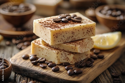 Delicious Coffee Flavored Dessert With Lemon and Chocolate on Rustic Wooden T...