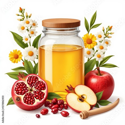 Bright Rosh Hashanah symbols with honey jar, pomegranate, and apples, celebration
