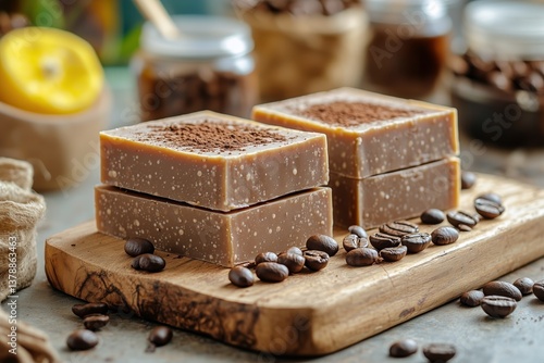 Handmade Coffee Soap Displayed on a Wooden Board With Beans and Natural Decor...