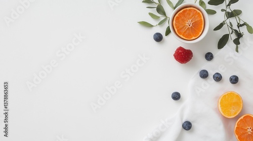 Fototapeta Naklejka Na Ścianę i Meble -  Flat lay of a white background with a few fresh fruits and leaves scattered around. on the left side of the image, there is a small white bowl with an orange slice in it.