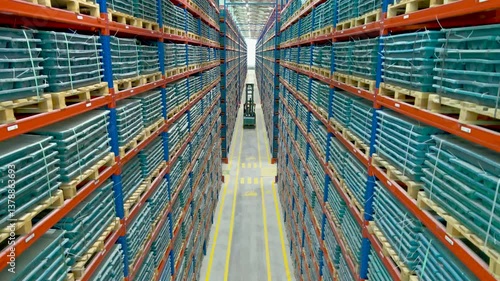 Drone moving down between shelves in a large warehouse.