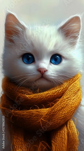 Cute White Kitten With Blue Eyes Wearing a Yellow Scarf in a Snowy Background...
