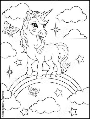Bold and Easy Printable Unicorn Coloring Page for Kids. Cute, Hand-Drawn, Black and White Coloring Sheet with Cartoon Characters and Simple Doodles
