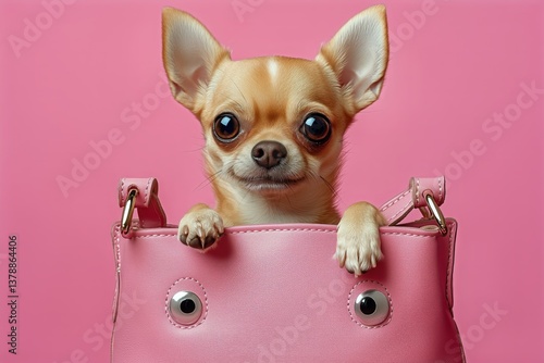 Cute Chihuahua Puppy Peeking out of a Pink Handbag on a Vibrant Pink Background