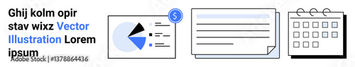 Chart with data segments, document, calendar, and dollar icon portraying financial planning, analysis, and organization. Ideal for business strategy, planning, accounting finance scheduling