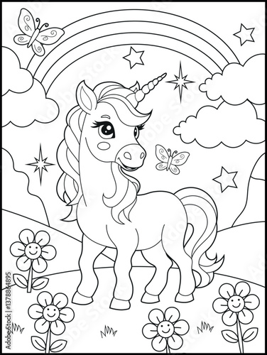 Bold and Easy Printable Unicorn Coloring Page for Kids. Cute, Hand-Drawn, Black and White Coloring Sheet with Cartoon Characters and Simple Doodles