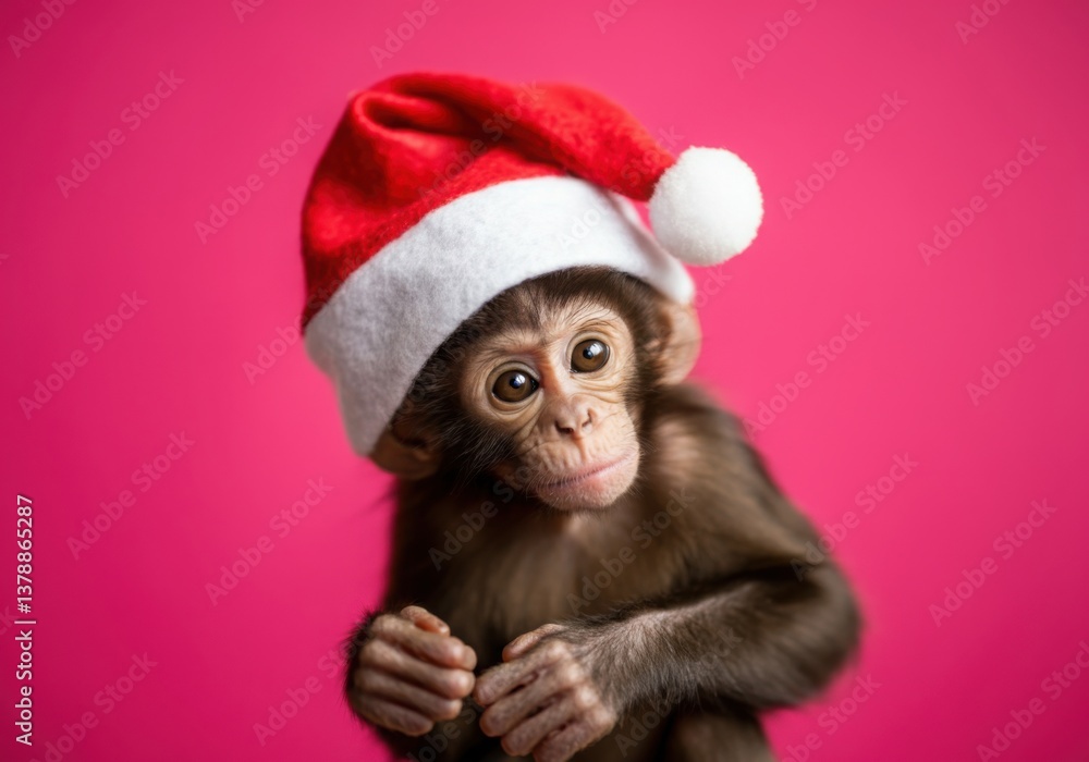 Monkey in Santa hat, Young monkey wearing a red and white Santa hat sitting against a bright pink background, looking at the camera with curious expression, creating a humorous and festive Christmas Monkey in Santa hat, Young monkey wearing a red and white Santa hat sitting against a bright pink background, looking at the camera with curious expression, creating a humorous and festive Christmas