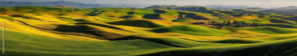 Fototapeta premium Rolling green hills with golden fields in sunlight