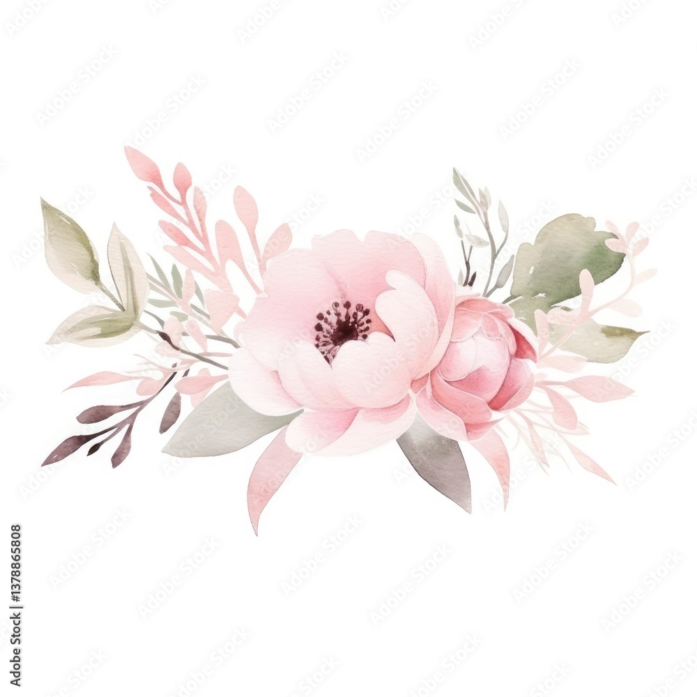 Fototapeta premium Illustration features soft pink flowers and leaves arranged in an elegant floral design against a white background.