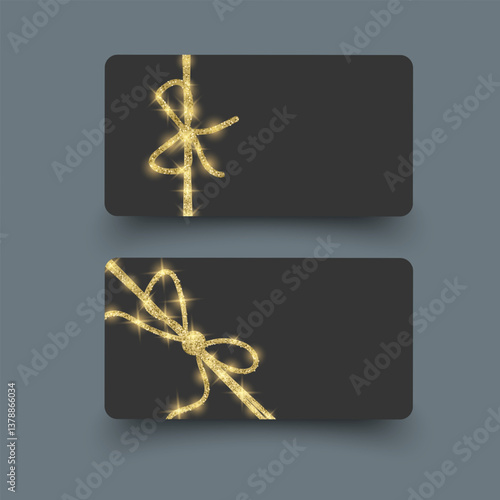Gift voucher template Elegant Black Gift Card with Golden Glitter Bows and Ribbons