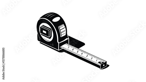 Measuring up: a precise, close-up view of a retractable tape measure, displaying detailed markings on the extended steel measuring tape, showcasing its design. 