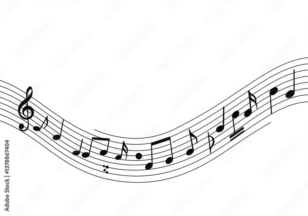 Wavy musical staff with treble clef and various notes on a white background illustration on transparent background Wavy musical staff with treble clef and various notes on a white background illustration on transparent background