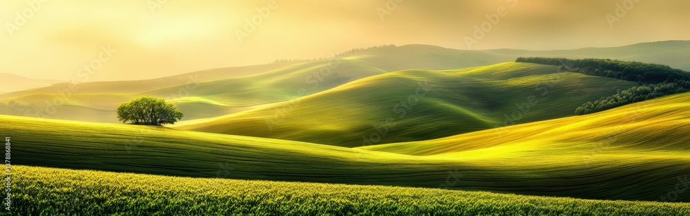 Fototapeta premium Rolling green hills under golden sunlight at sunset