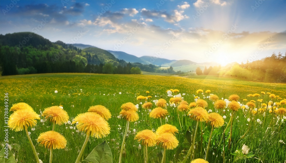 Fototapeta premium dandelion field spring flowers landscape