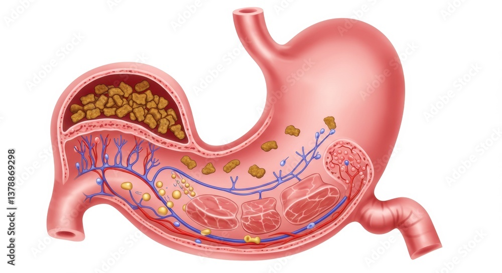 Detailed Anatomical Illustration of the Human Stomach Including Circulatory and Digestive Systems Detailed Anatomical Illustration of the Human Stomach Including Circulatory and Digestive Systems