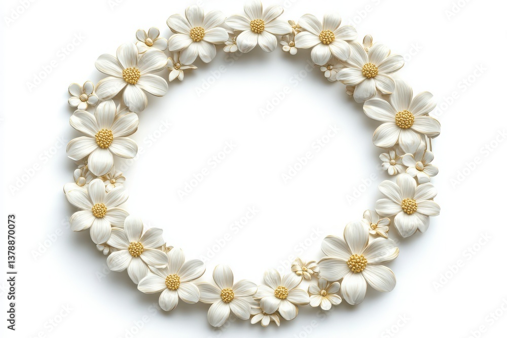 A circular arrangement of white daisy flowers with yellow centers on a white background creating a wreath A circular arrangement of white daisy flowers with yellow centers on a white background creating a wreath