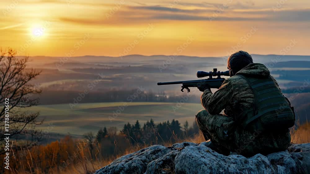 Sniper on hilltop observing enemy target during sunset in vast landscape, a sniper on top hill hunt enemy target Sniper on hilltop observing enemy target during sunset in vast landscape, a sniper on top hill hunt enemy target