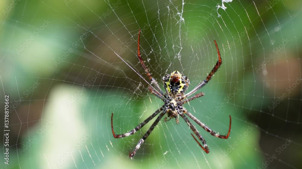 The back of the Silver argiope spider eating insect on its web in close up The back of the Silver argiope spider eating insect on its web in close up