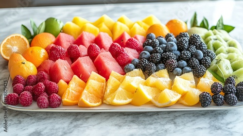 A vibrant fruit platter with watermelon, berries, and citrus fruits, arranged in a rainbow of colors on a marble countertop. -- photo