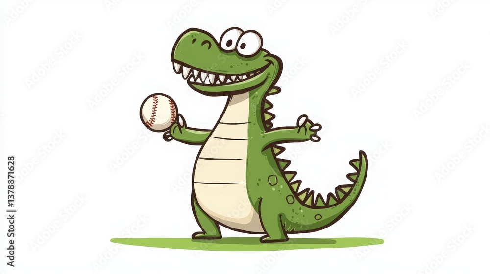 Fototapeta premium Cartoon Dinosaur Playing Baseball, Cute dino enjoying a baseball game.