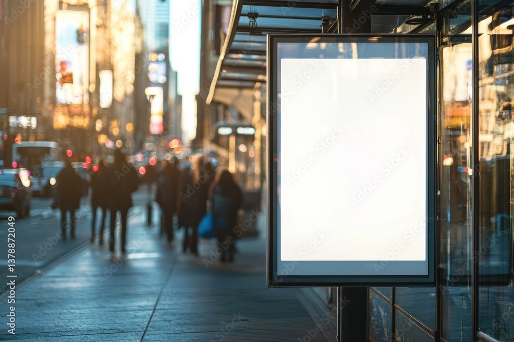 Blank billboard at a bustling city bus stop during afternoon light Blank billboard at a bustling city bus stop during afternoon light