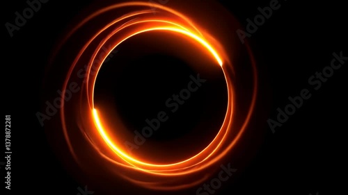 Bright orange glowing energy ring with swirling light trails in abstract style on black background, concept of portal, power or eclipse
