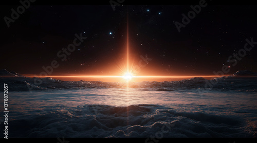 Vibrant cosmic sunrise illuminates a serene horizon above an ocean of clouds in the vast expanses of space Generative AI