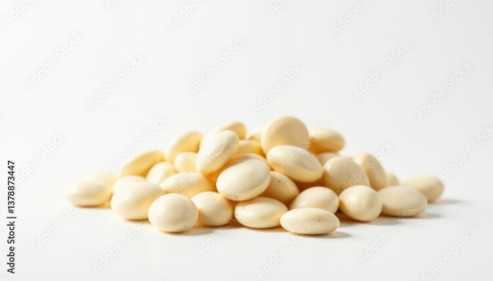 Pile of white beans against a stark white backdrop, texture, shot, vegetarian Pile of white beans against a stark white backdrop, texture, shot, vegetarian
