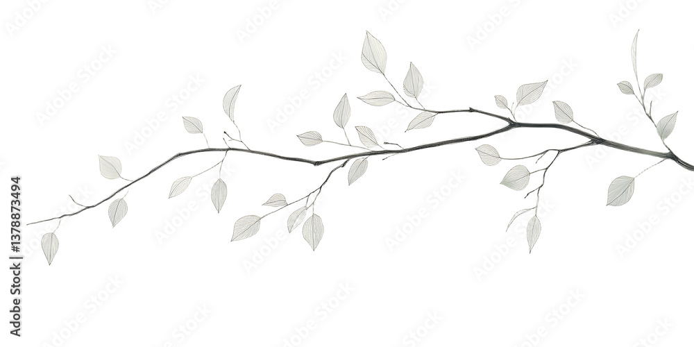 Fototapeta premium A simple white line drawing of a tree branch with a few leaves gently hanging. The clean lines and minimalist design create a peaceful and natural scene.