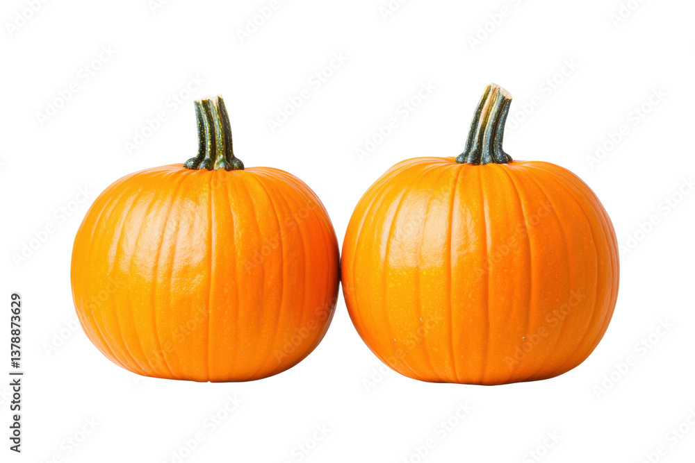 Obraz premium Two bright orange pumpkins with green stems on black background, cut out