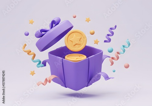 3D Open Gift Box with Gold Coins and Ribbons