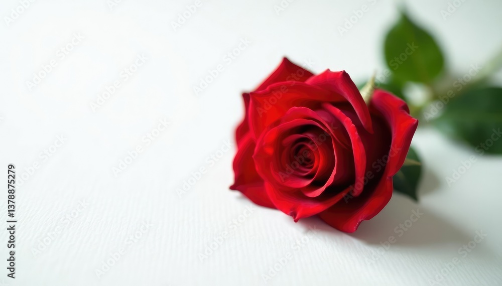 Fototapeta premium Single red rose on white background with subtle texture, nature, closeup