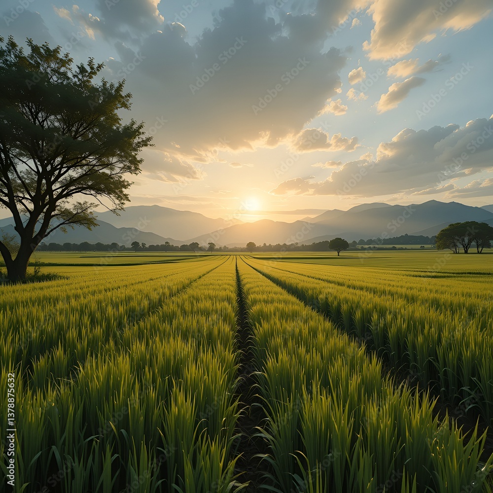 The crops in wheat agriculture and green background with cloudy sky in sun light and green trees