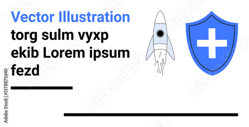 Rocket soaring upwards paired with a shield featuring a cross in vibrant blue. Ideal for innovation, healthcare, protection, science, progress, technology, branding, simple landing page