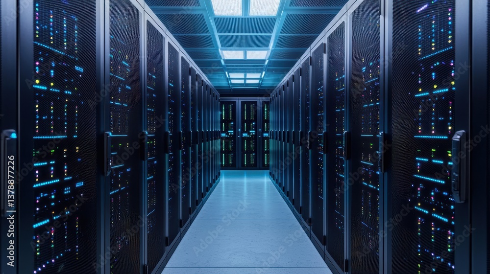 A sleek, high-tech data center corridor filled with server racks illuminated by cool blue lighting. A sleek, high-tech data center corridor filled with server racks illuminated by cool blue lighting.