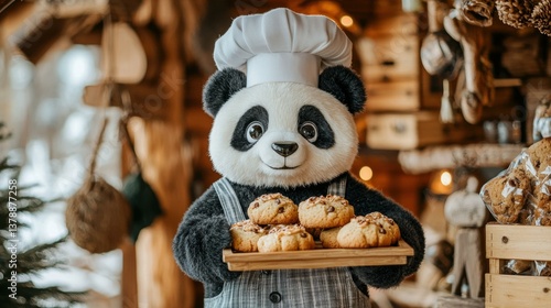 Panda chef with cookies. AI.