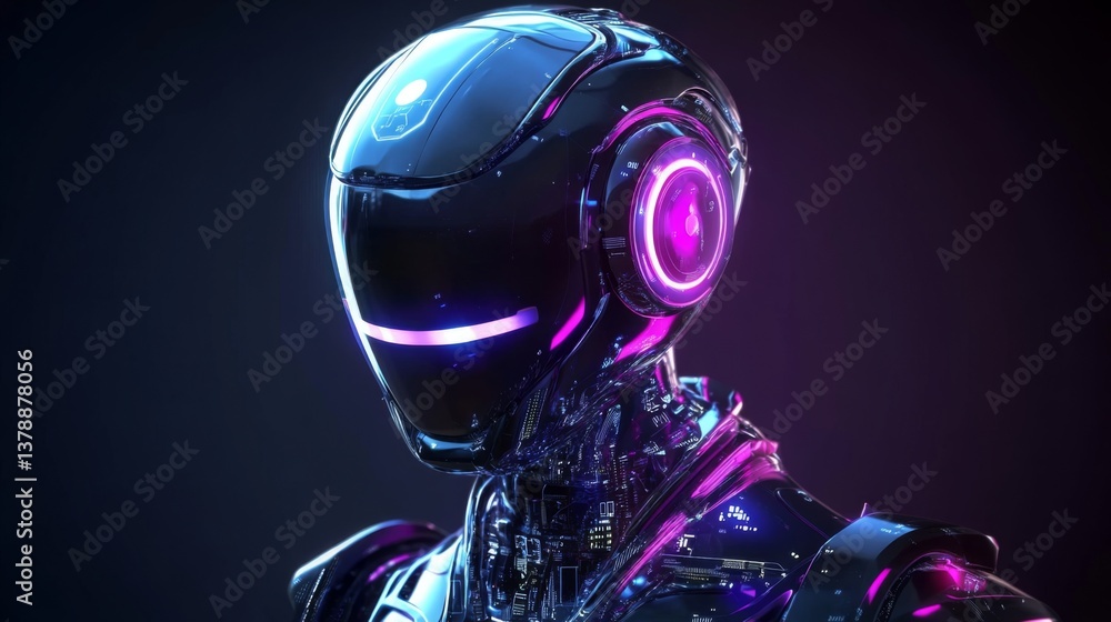 Fototapeta premium Futuristic robotic android with neon pink and blue accents in dark background